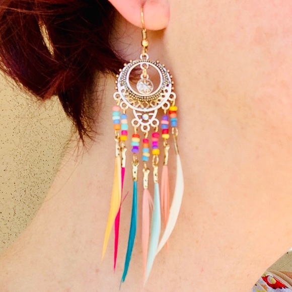 Rainbow Hippie Boho Dream Catcher Feather Earrings - Picture 2 of 5